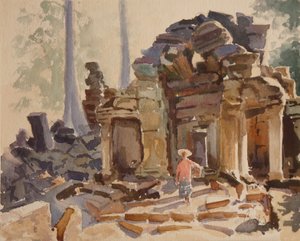 Inngang til Ta Promh - tidlig morgen, 2000 (akvarell) av Clive Wilson