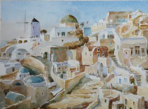 Santorini Oia – Sen ettermiddagssol, 2022 (akvarell)