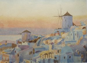 Santorini Oia – solnedgang, lyssettingstid, 2019 (akvarell)