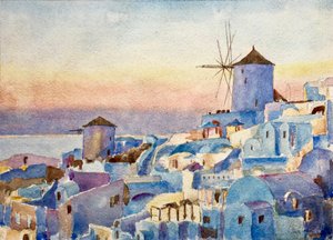 Santorini Oia – solnedgang, opplyst tid, 2018 (akvarell)