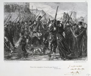 Fransk-prøyssisk krig 1870-1871: Slaget ved Buzenval (Mount Valerien) nær Versailles 19. januar 1871. Garde National marsjerer til slaget og nederlaget. Fra en serie litografier av Clement August Andrieux på Gardes Nationales.