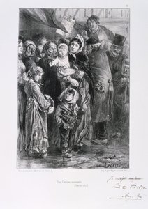 Fransk-prøyssisk krig 1870-1871. Beleiring av Paris 19. september 1870-28. januar 1871. Et nasjonalt suppekjøkken i Paris, januar 1871. Fra en serie litografier av Clement August Andrieux på Gardes Nationales. Matmangel Sult av Clément Auguste Andrieux