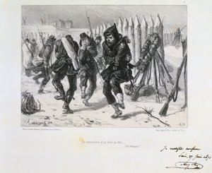 Fransk-prøyssisk krig 1870-1871. Beleiring av Paris 19. september 1870-28. januar 1871. Soldater på vollene hopper på vei for å holde varmen. Fra en serie litografier av Clement August Andrieux på Gardes Nationales.