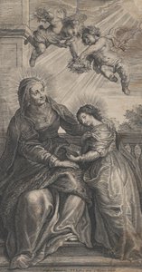 Jomfruens utdannelse, med Saint Anne og Jomfru Maria som leser med to p..., ca. 1700-24. av Coenrad Waumans