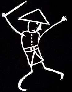 Karakter med hatt, uniform og svingt. Anime-tegning av Emile Cohl (1857-1938) i hvitt på svart. av Cohl