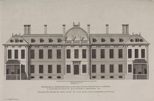 Forhøyning av Montague House til domstolen i Great Russell Street, Holborn, ca. 1725 (gravering)