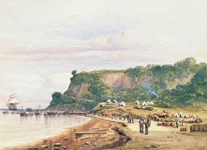 Landing av de britiske og franske troppene ved Varua ved Svartehavet fra H.M.S.Bellerophon, 17. juli 1854 i Krim-krigen (akvarell) av Colonel Ben Hallewell