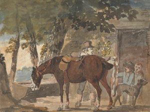 En hest, hund og figurer utenfor en hytte
