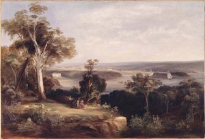Skoglandskap med en fjern utsikt over Sydney av Conrad Martens