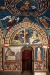 Ulike episoder av livet til Saint Benoit: i sentrum "The miracle of Saint Placide"" Saint Benoit of Nursie, takket være intervensjonen fra Saint Maur, hans første disippel, redder den unge Placide fanget i strømmen av en innsjø. Nedenfor er miraklet av Consolo