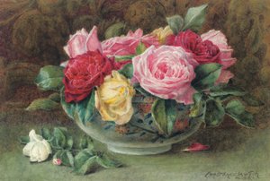 Stilleben med en skål med rosa, gule og røde roser, 1883 av Constance Lawson