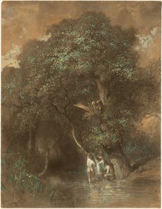 Badende ved en gigantisk eik, ca. 1842–1844 (kull på papir)