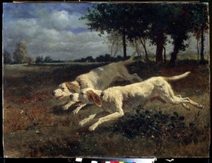 Løpende hunder. Maleri av Constant Troyon (1810-1865). Olje på lerret, 75 x 11 cm av Constant Emile Troyon