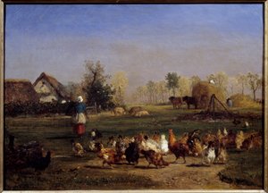 La provende des hens La basse cour (Basse-cour). Maleri av Constant Troyon (1810-1865) Søn fra 1800-tallet. 0,51x0,7 m - Prover av høner. Gårdsgården. Maleri av Constant Troyon (1810-1865) av Constant Emile Troyon