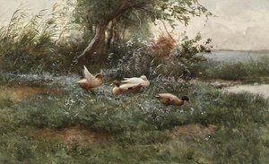 Ducks by a Pond (olje på lerret) av Constant Artz
