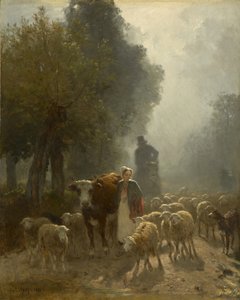 Går til markedet på en tåkete morgen, 1851 av Constant Emile Troyon