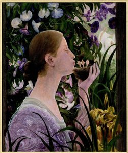 Redet. Ung kvinne i profil, i en blomsterhage, holder et rede i hånden og gir et kyss til fugleungene. Maleri av Constant Montaid (1862-1944), olje på lerret
