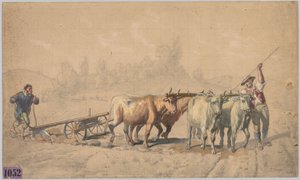 Fire okser som trekker en plog, 1853.