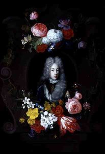 Et portrett av en mann omgitt av en blomsterkrans av Constantijn and Heem D.C.de Netscher