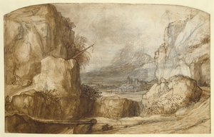 Fjelllandskap (penn, brunt blekk, pensel og kritt på papir) av Constantin Daniel van Renesse