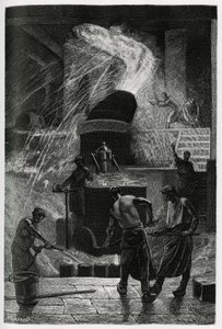 Støping av stål ved cockerill-bedriftene i Seraing. Gravering av C.Meunier for å illustrere historien "" La Belgique"", av Camille Lemonnier (1844-1913), forfatter og kunstkritiker. av Constantin Emile Meunier