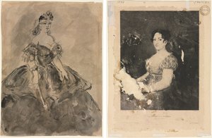På ballet (recto); Kvinnen med en fan, etter Goya (verso) av Constantin Guys