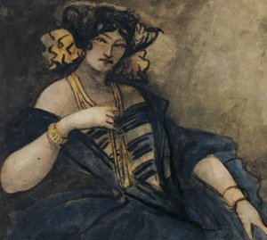 Sittende, elegant kledd kvinne, halvfigur av Constantin Guys