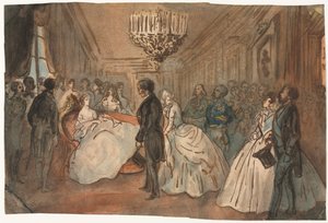 Keiserinne Eugenie mottar det diplomatiske korpset etter fødselen til den keiserlige prinsen, 1800-tallet. av Constantin Guys