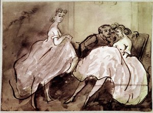 To prostituerte og en forførelse Scene-klient på et bordell. Tegning av Constantin Guys (1805-1892) Paris fra 1800-tallet, Musee Carnavalet