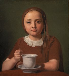 Portrett av en liten jente, Elise Købke, med en kopp foran seg, 1850
