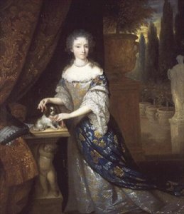 Et portrett av en dame med en lapphund som sitter på en sokkel, ca. 1690