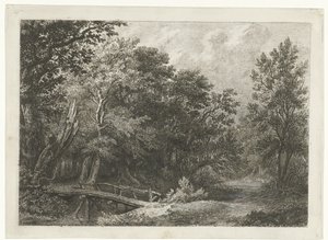 Skogutsikt med trebro av Constantinus Cornelis Huysmans