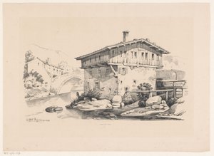 Hus og vannmølle i fjellandsby The Landscape (serietittel) av Constantinus Cornelis Huysmans