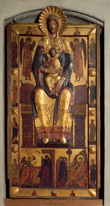 Jomfru på tronen med barnet, to engler, apostlene. Bebudelsen og de hellige kvinnene ved graven. Lavrelieff polykromt tre av Coppo di Marcovaldo (attr.to)
