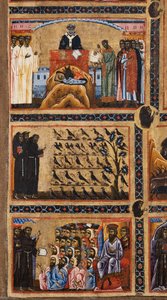 Bardi St. Francis altertavle og tjue historier om hans liv, detaljer ovenfra: opprettelsen av fødselsscenen i Greccio St. Francis forkynner for fugler, St. Francis forkynner for muslimer foran sultanen, 1245-50