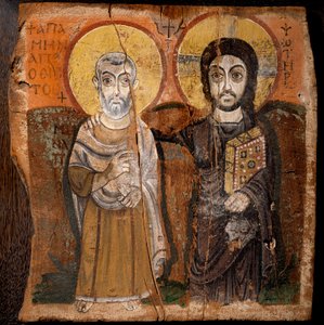 Koptisk kunst: "" Kristus og Abbe Mena"" Saint Menas (Minas, Mina, Mena, Mennas), egyptisk martyr fra det 3. århundre. Fragment av maling på tre (detrempe på fikentre) fra 600- eller 700-tallet Dim: 57x57cm. Fra Baouit-området i Egypt. - Koptisk kunst: "" 