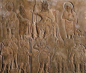 Relieff som viser en guddommelig romersk keiser som mottar hyllest fra egyptiske nomader av Coptic