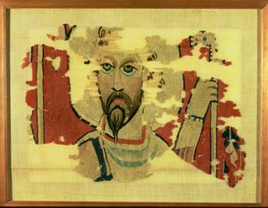 Vevd hengende som viser hodet til St. Theodore, fra Akhmim, Egypt, ca. 500-600 (ullteppe)