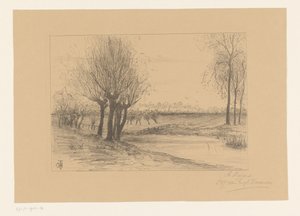 Eng med fjellvidjer I Zeeland (tittel på objekt) av Cornelia Christina Johanna van Trigt Hoevenaar (signed by artist)