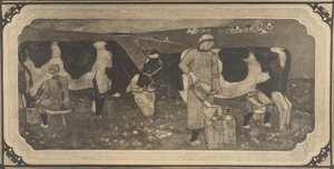 Fotoreproduksjon av designtegning med bondekvinner og kyr for glassmalerier av Richard Roland Holst av Cornelis Albertus Deul