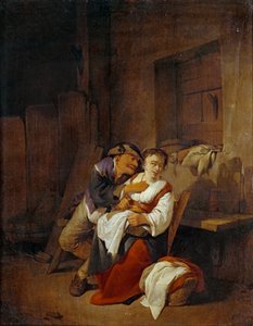 Gammel mann erter en ung kvinne i et interiør... av Cornelis Bega