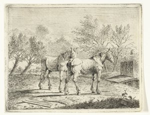 Beitelandskap med to hester nær bru og gård