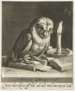 Ugle med briller og bøker. Rundt 1625