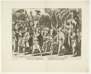 Triomfwagen van Karel V og Ferdinand, na de bevrijding van Wenen van de Turken, ca. 1532, nr. 7 Scènes uit het leven van Karel V (serietittel) Livet til keiser Charles V. i svært vakre dyptrykk, inngravert på designene til den berømte A. Tempest av Cornelis Boel