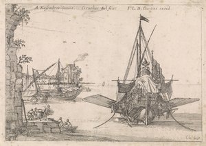 Galei forankret i en bukt Harbour Views (serietittel) av Cornelis Bol