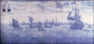 En panoramautsikt over havnen i Rotterdam, ca. 1700 (keramikk) av Cornelis Boumeester