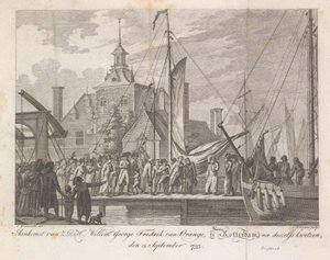 Ankomst av den sårede prins Willem George Frederik i Rotterdam, 1793 Ankomst av HSH Willem George Fredrik van Oranje, til Rotterdam, etter hans såring, 15. september 1793 (tittel på objekt) av Cornelis Brouwer