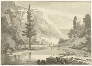Fjelllandskap med gjetere på en elvebredd