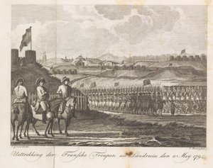 Franske tropper forlater Landrecy, 1794 Utvinning av den franske troppen fra Landrecies den 11. mai 1794 (tittel på objekt)