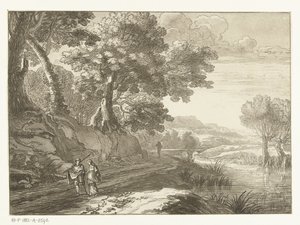 Italiensk landskap med tre vandrere av Cornelis Brouwer
